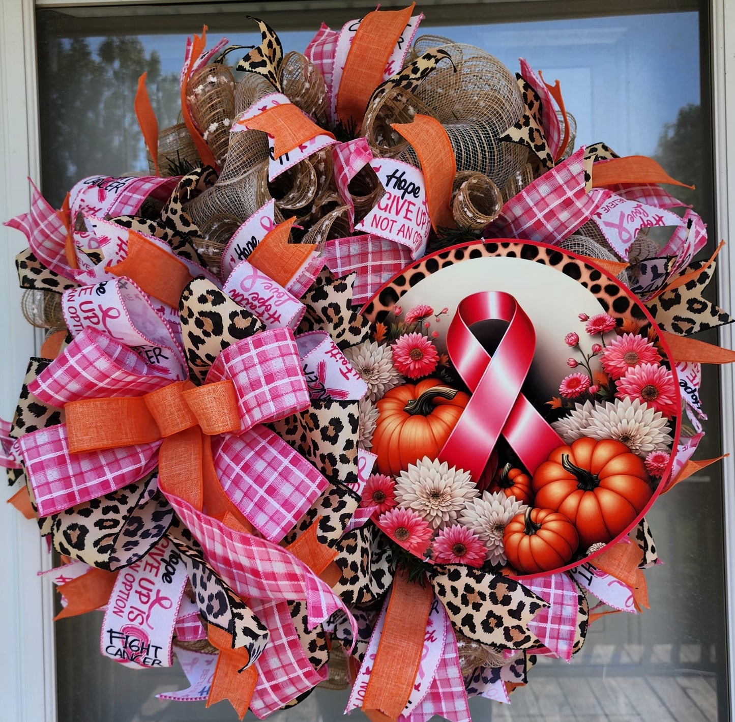 Breast cancer awareness wreath, pink and orange fall wreath, autumn pink ribbon awareness and pumpkin wreath for front door