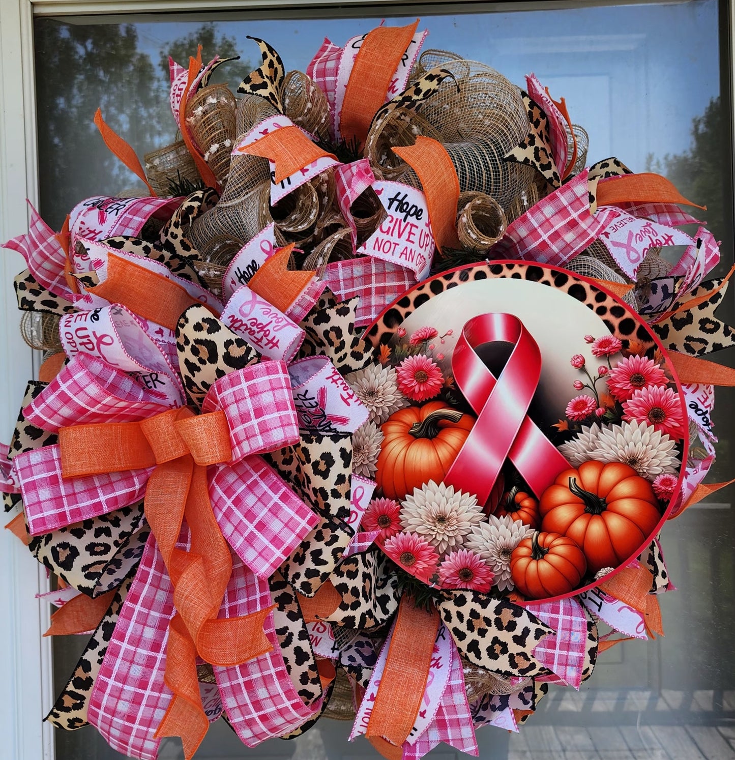 Breast cancer awareness wreath, pink and orange fall wreath, autumn pink ribbon awareness and pumpkin wreath for front door