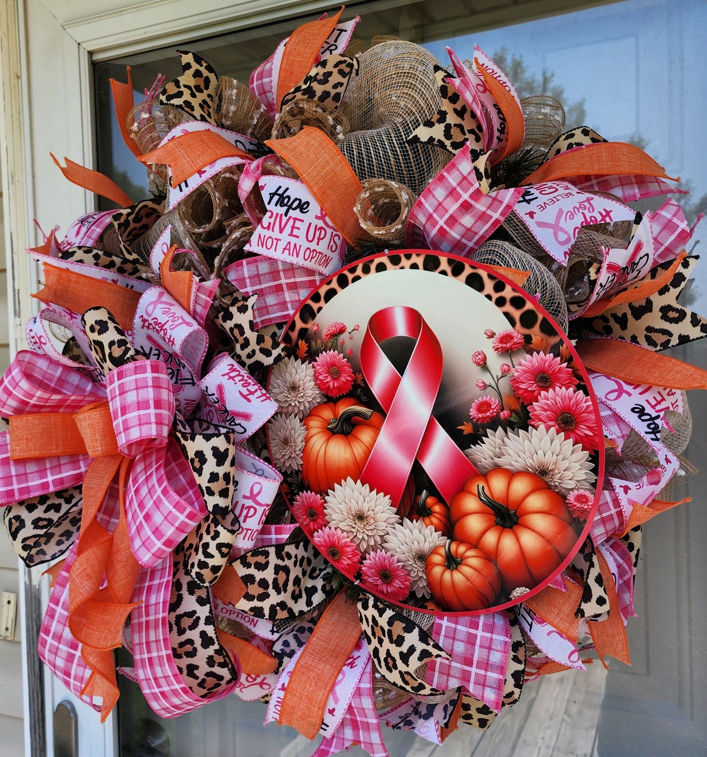 Breast cancer awareness wreath, pink and orange fall wreath, autumn pink ribbon awareness and pumpkin wreath for front door