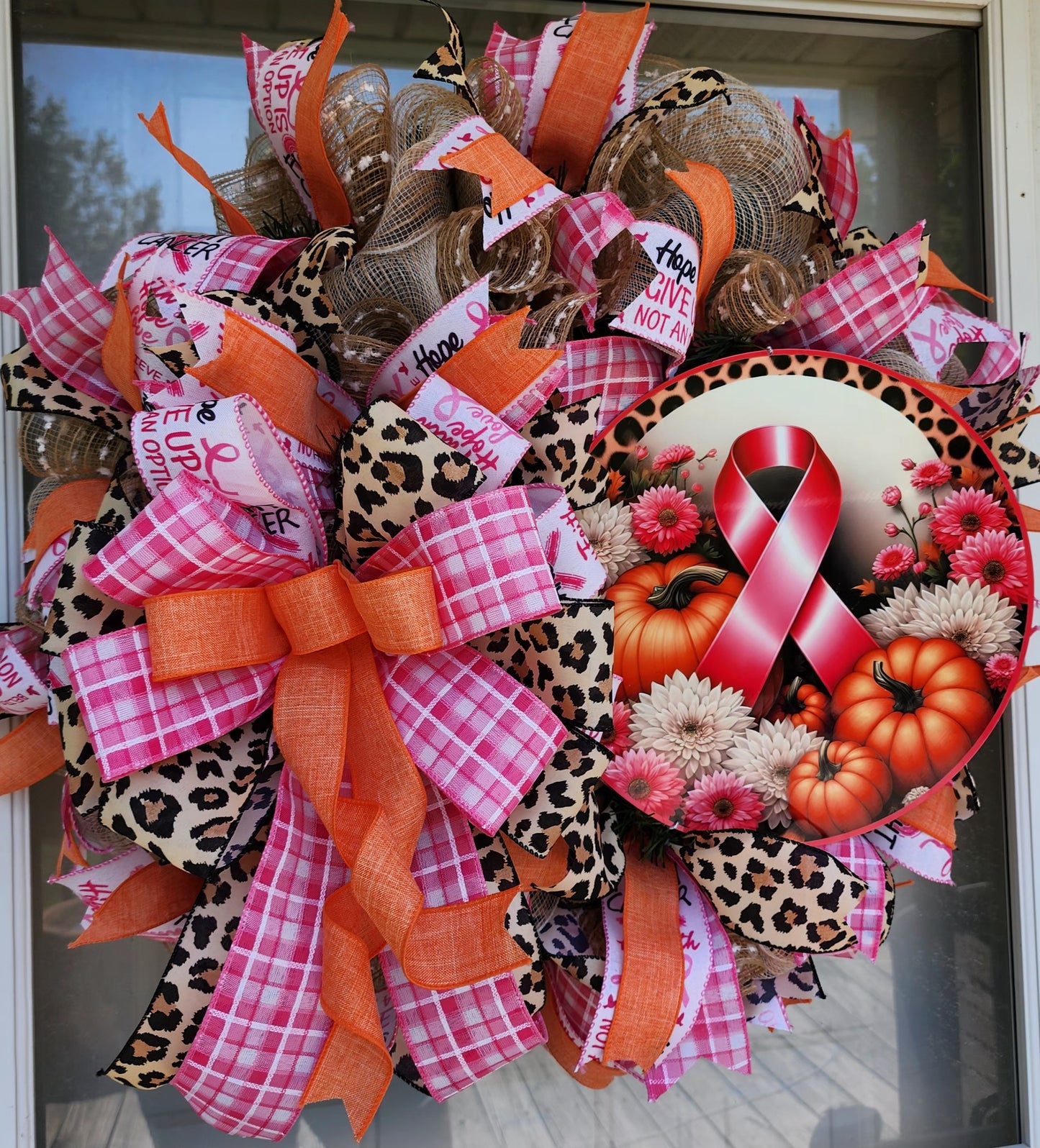 Breast cancer awareness wreath, pink and orange fall wreath, autumn pink ribbon awareness and pumpkin wreath for front door