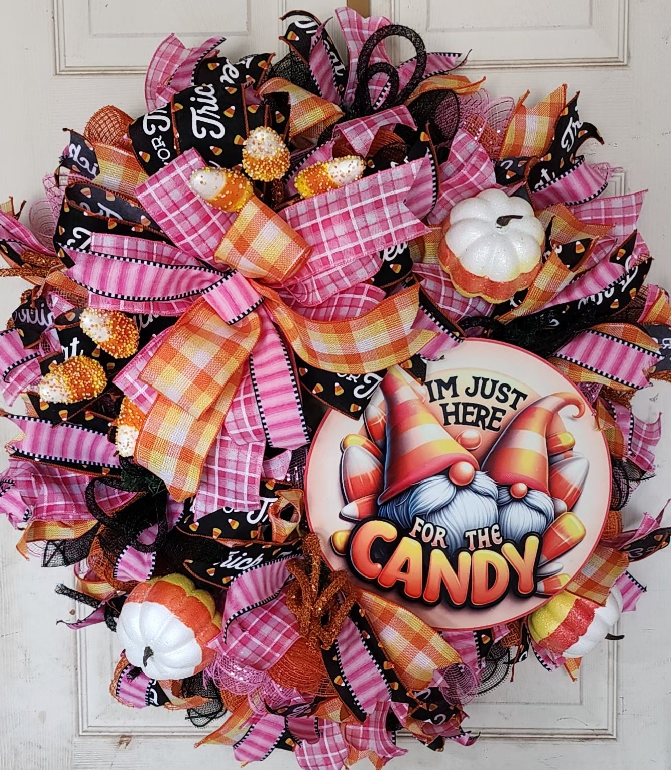 I'm just here for the candy, pink and orange gnome halloween wreath