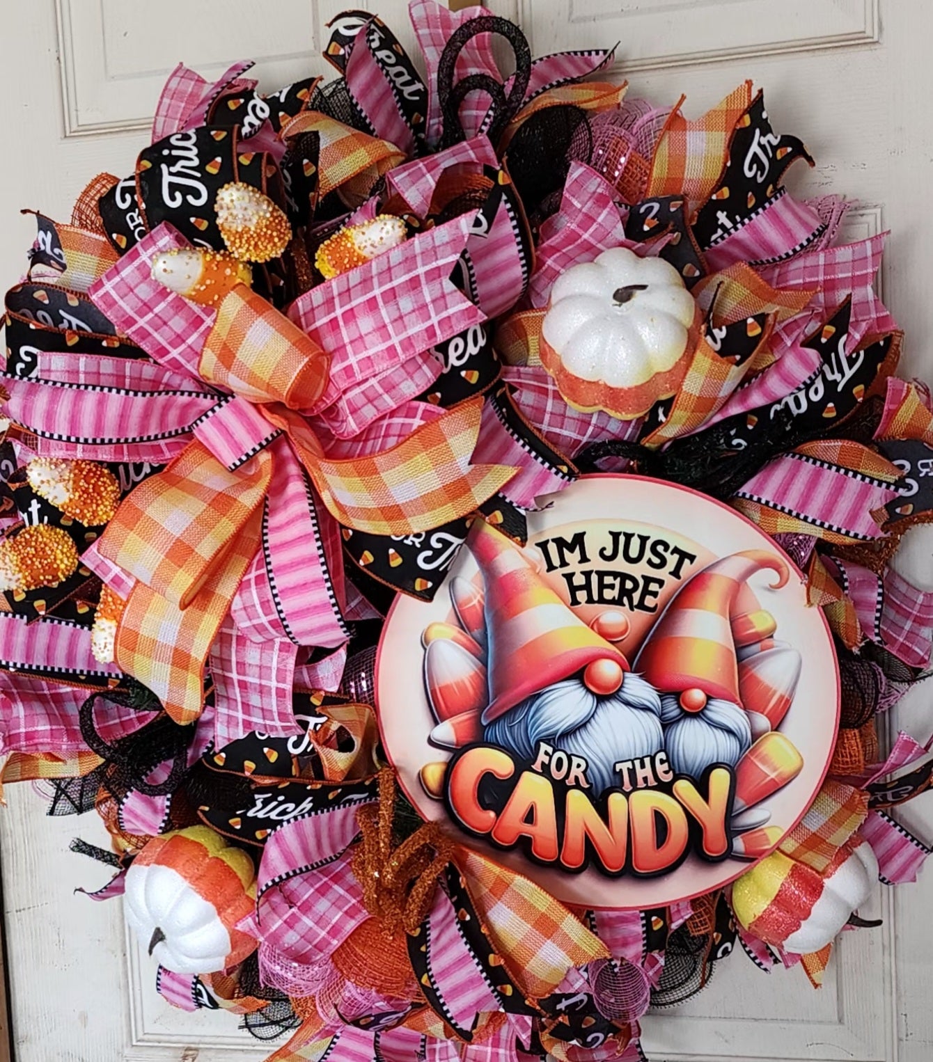 I'm just here for the candy, pink and orange gnome halloween wreath