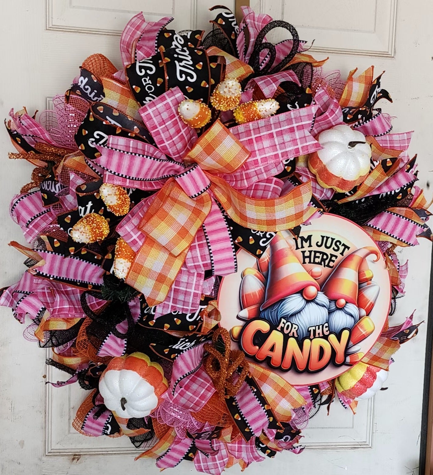 I'm just here for the candy, pink and orange gnome halloween wreath