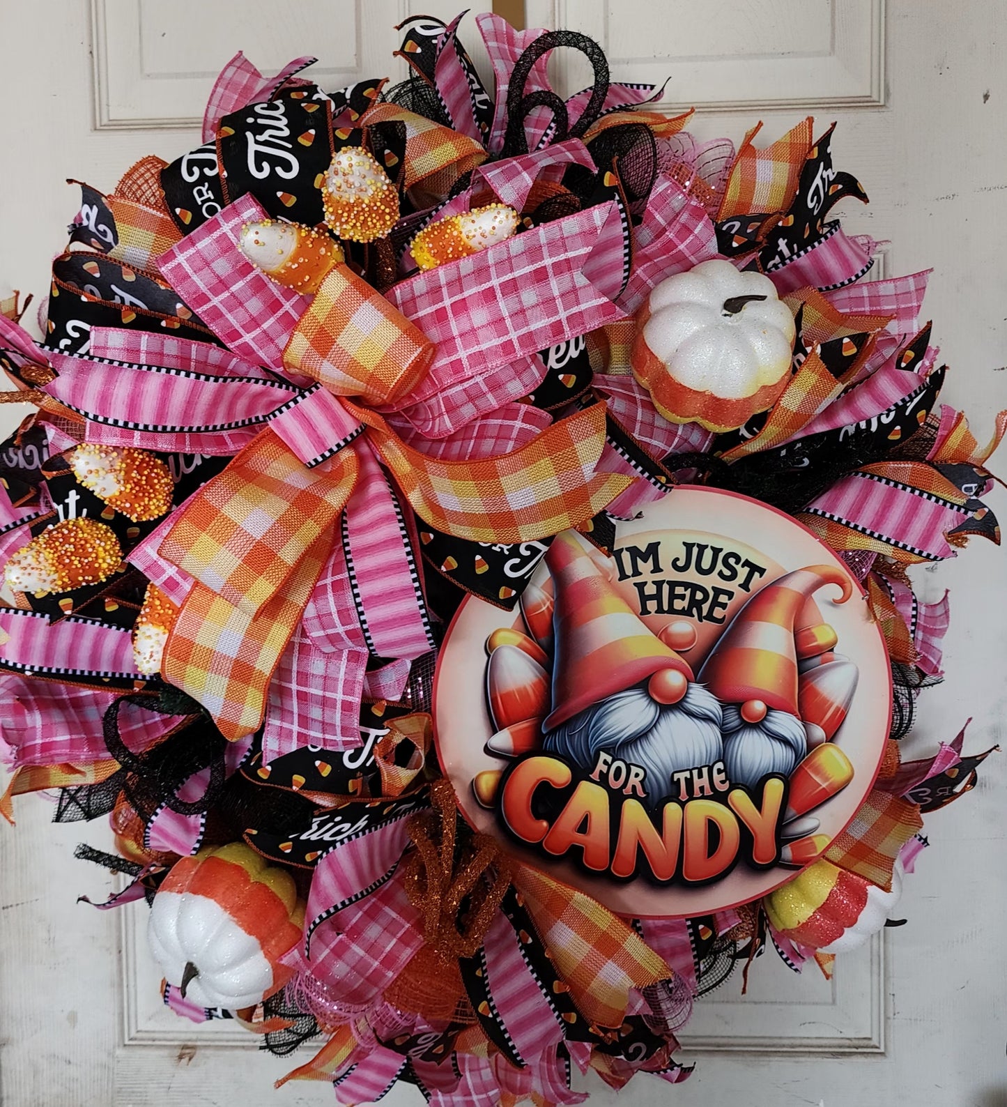 I'm just here for the candy, pink and orange gnome halloween wreath