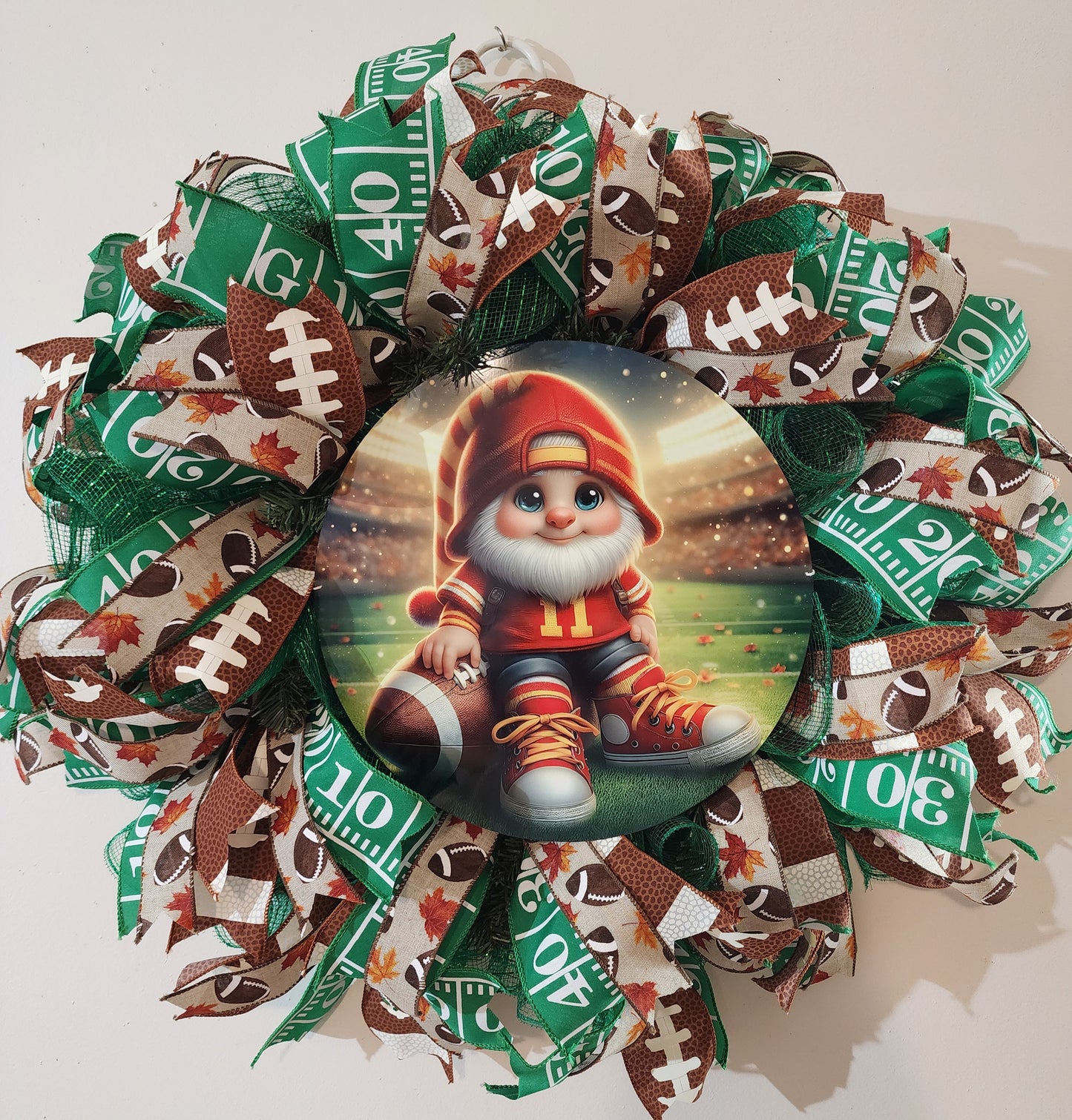 Gnome football mesh and ribbon wreath