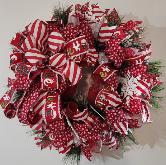 Peppermint snowflake Christmas wreath, winter mesh wreath, red and white holiday wreath for your front door