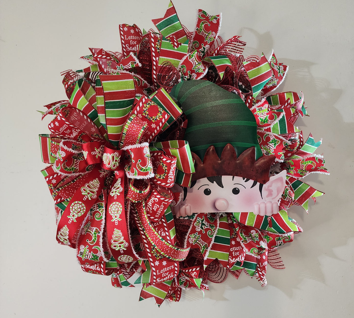 Whimsical Christmas elf mesh and ribbon wreath, holiday front door wreath, Christmas decor