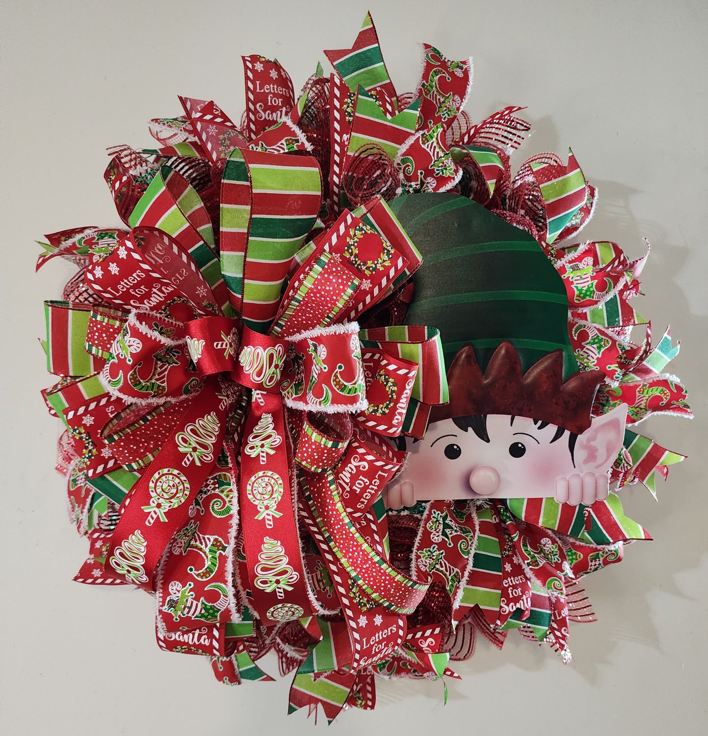 Whimsical Christmas elf mesh and ribbon wreath, holiday front door wreath, Christmas decor