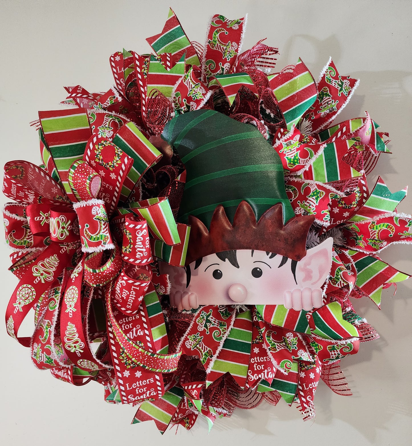 Whimsical Christmas elf mesh and ribbon wreath, holiday front door wreath, Christmas decor