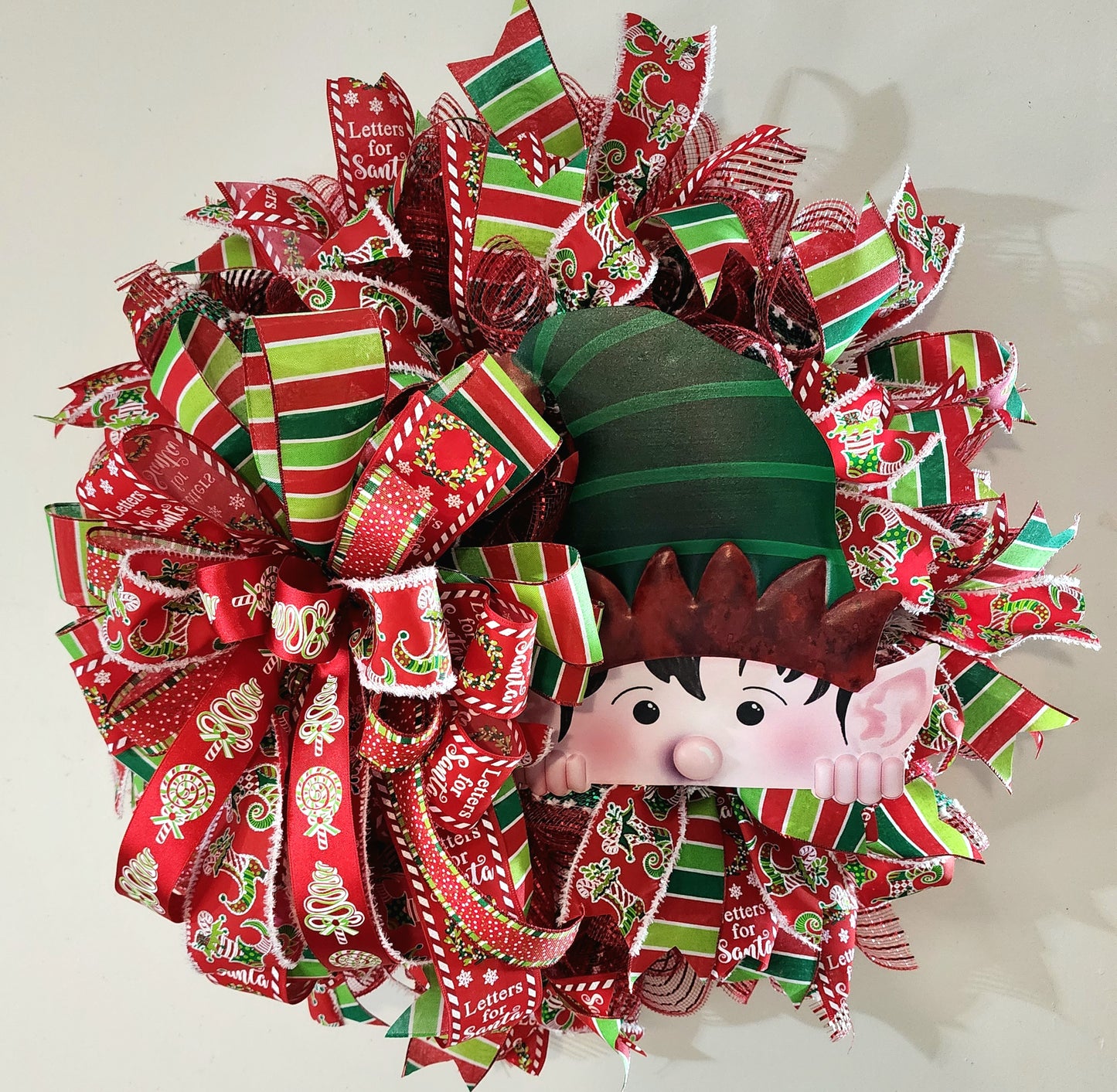 Whimsical Christmas elf mesh and ribbon wreath, holiday front door wreath, Christmas decor