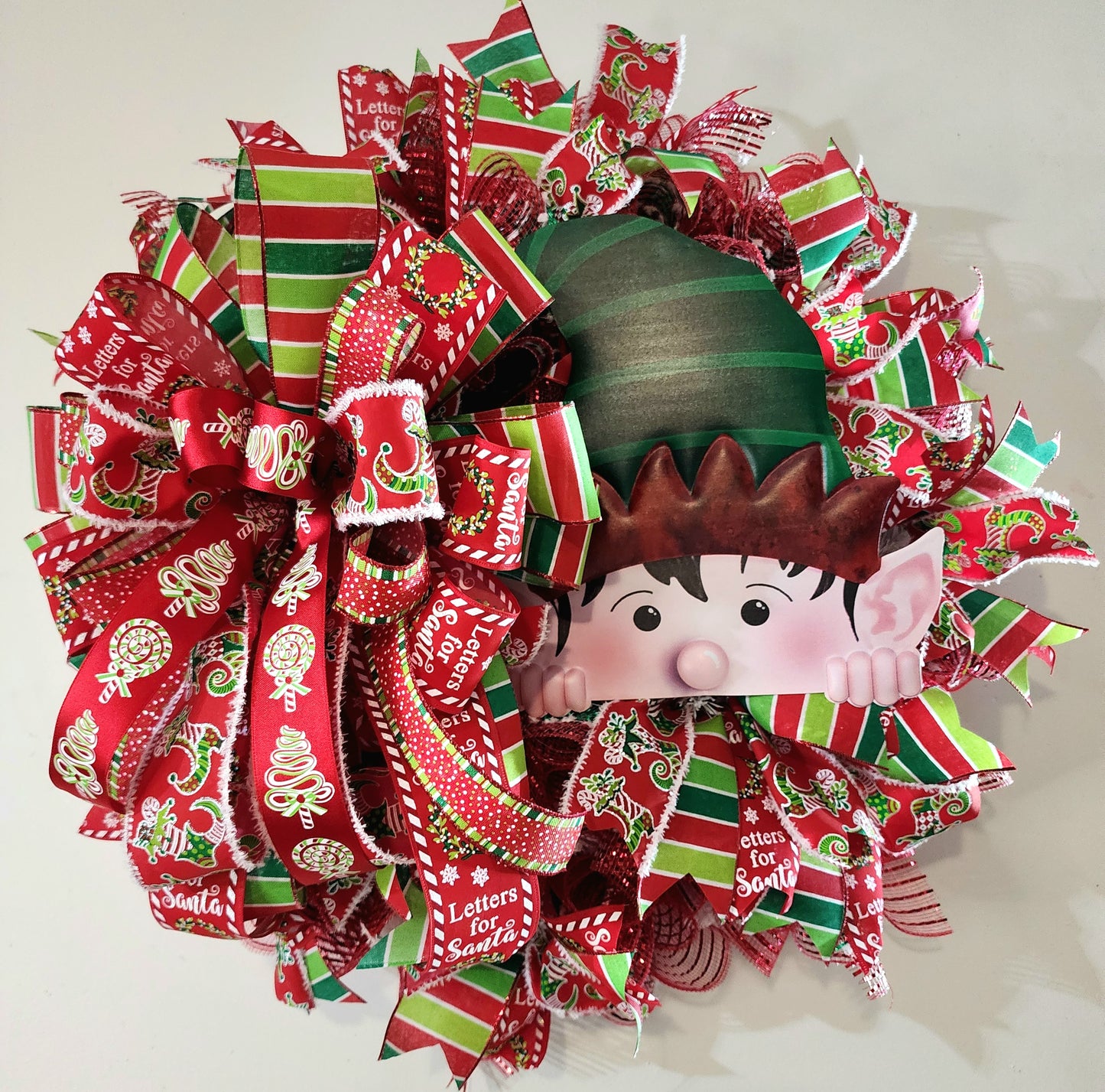 Whimsical Christmas elf mesh and ribbon wreath, holiday front door wreath, Christmas decor