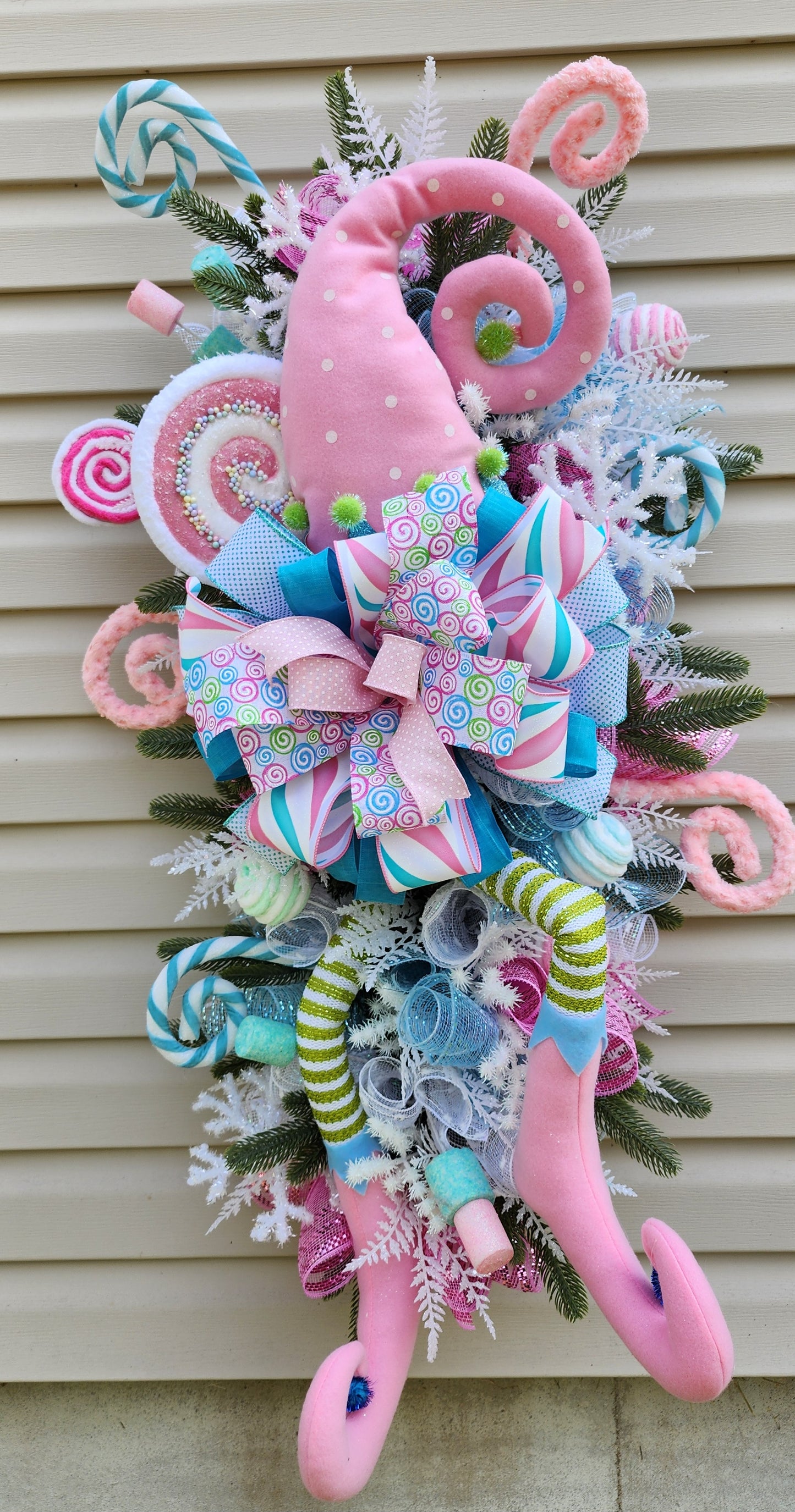 Extra large Pink blue and green Christmas elf swag, holiday elf decor for your front door