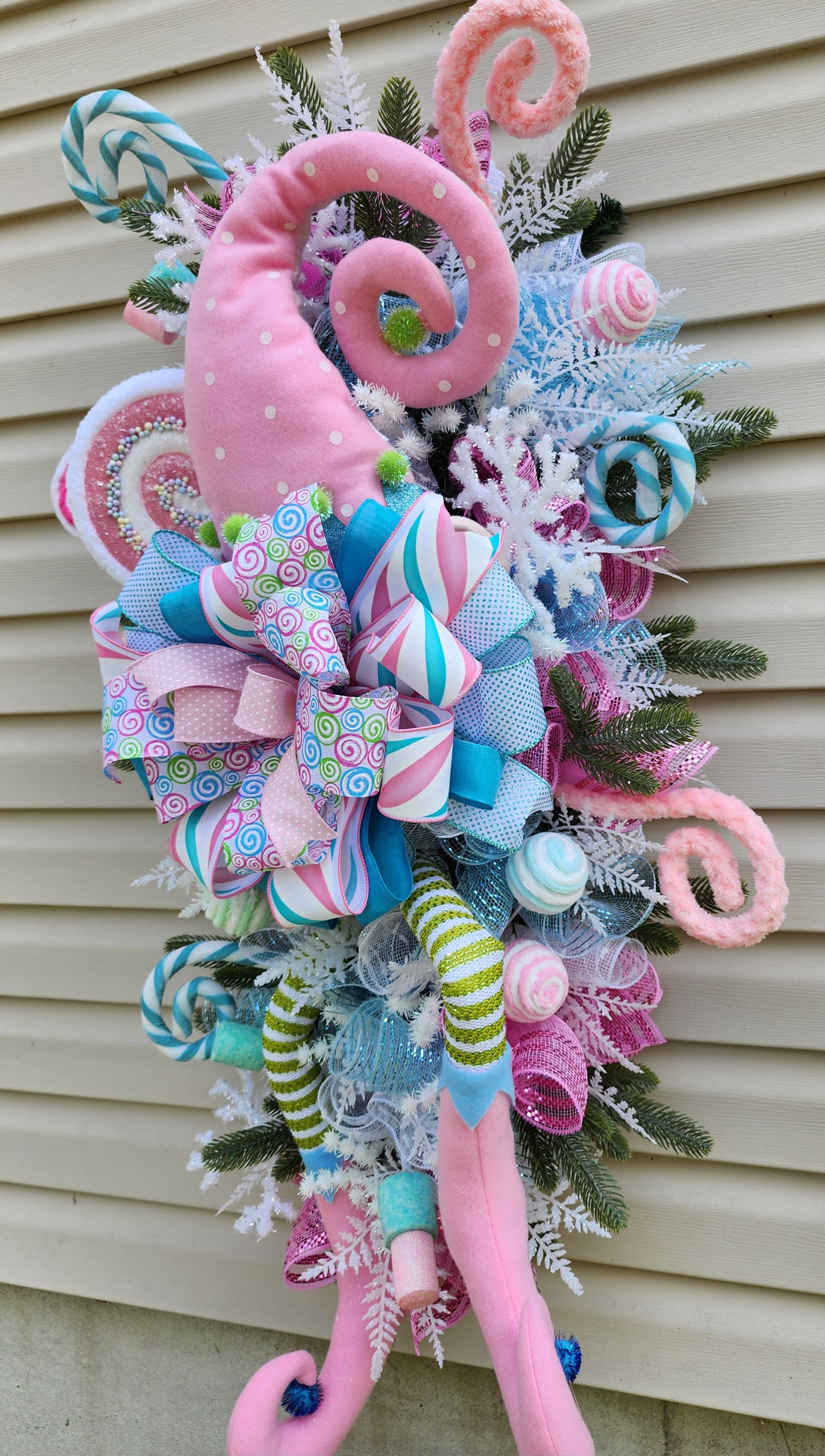 Extra large Pink blue and green Christmas elf swag, holiday elf decor for your front door