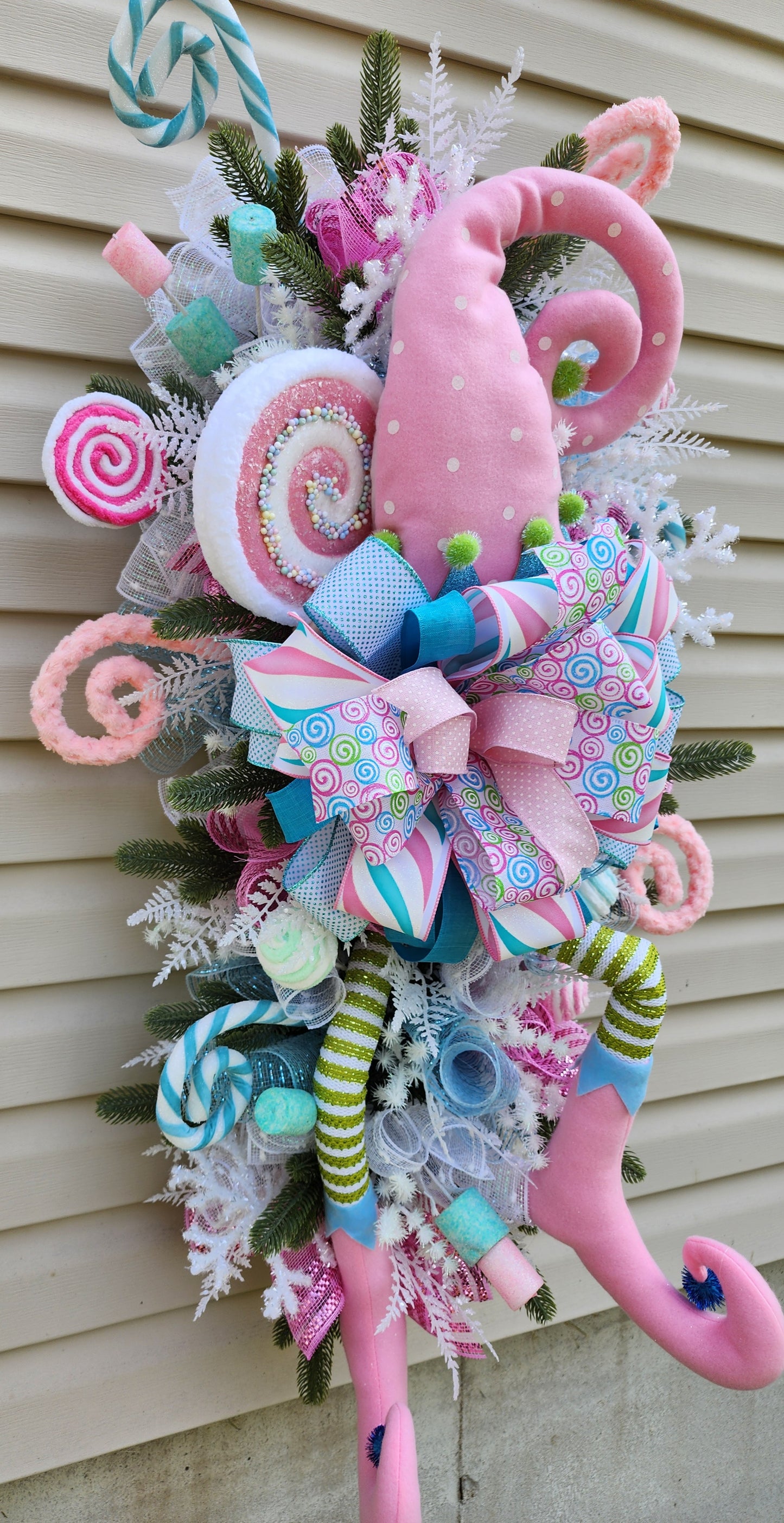 Extra large Pink blue and green Christmas elf swag, holiday elf decor for your front door