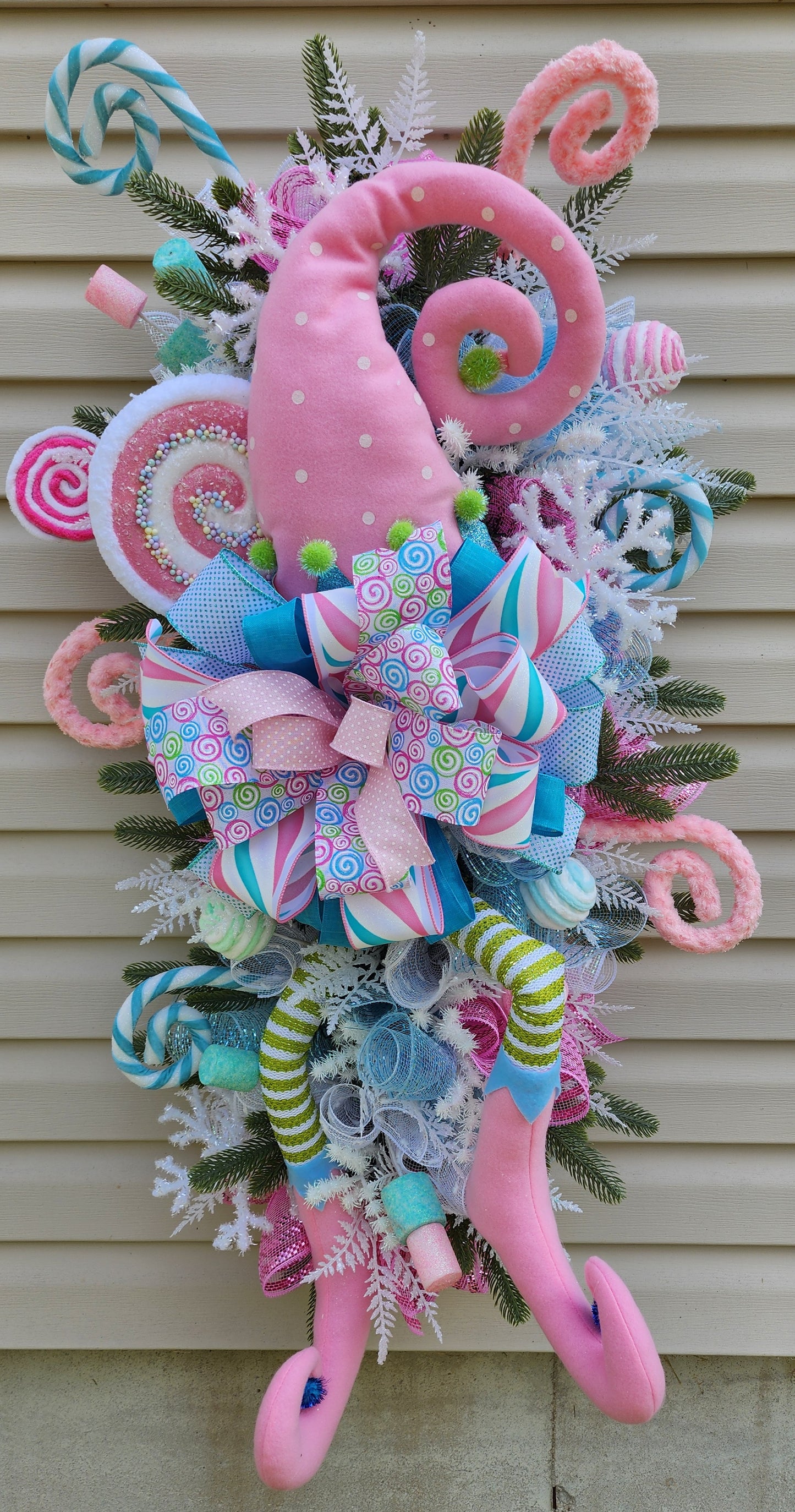 Extra large Pink blue and green Christmas elf swag, holiday elf decor for your front door