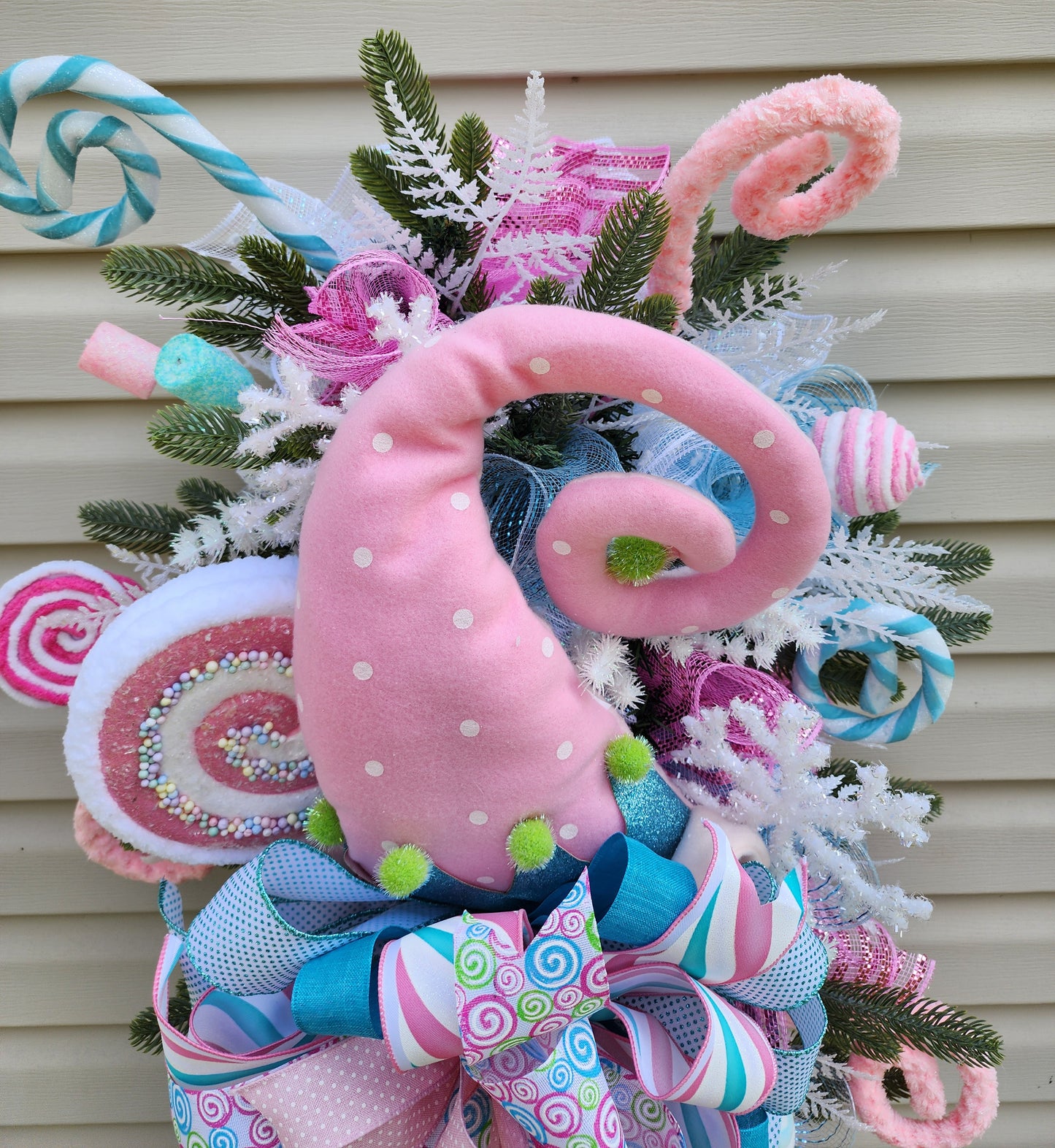 Extra large Pink blue and green Christmas elf swag, holiday elf decor for your front door