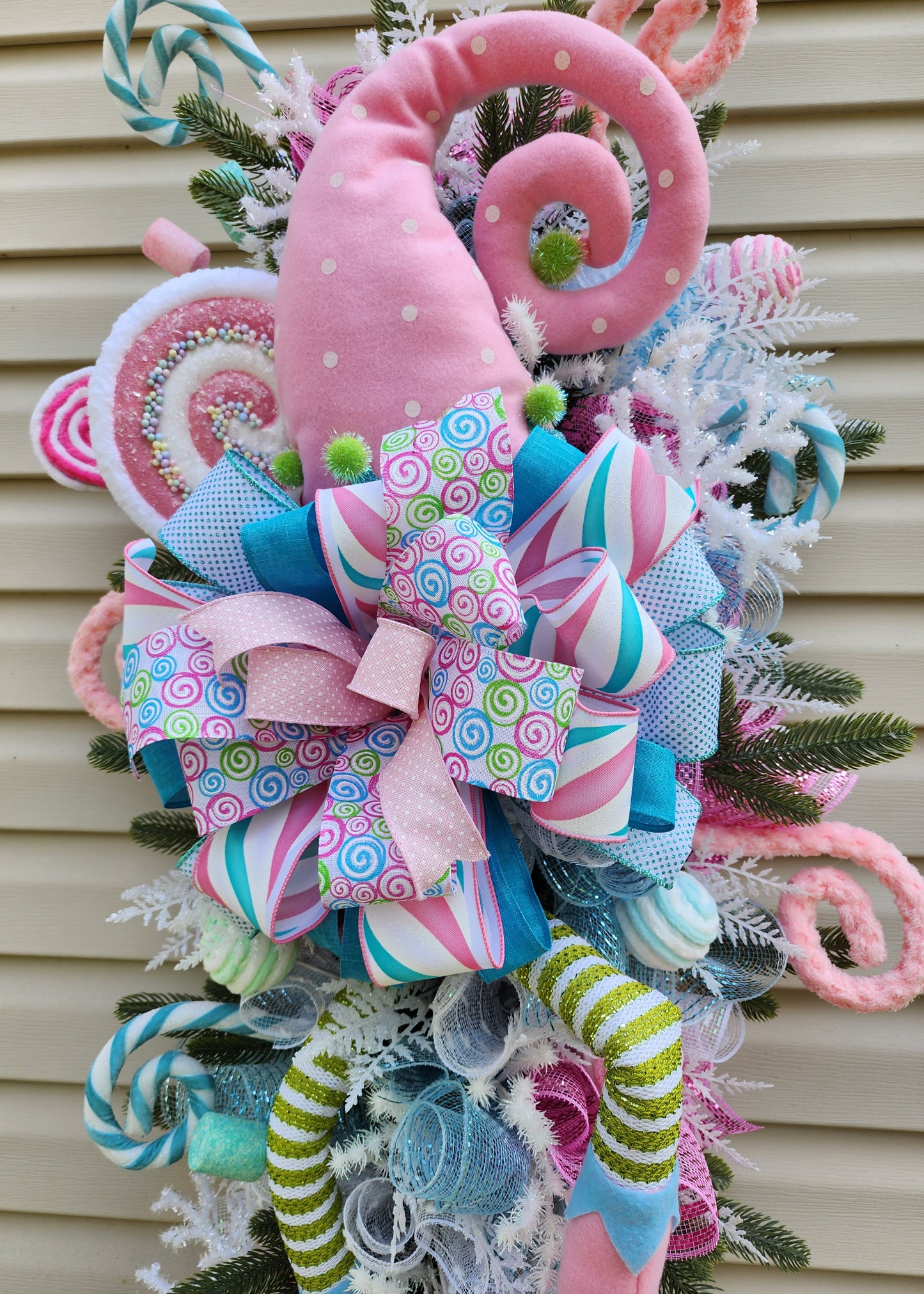 Extra large Pink blue and green Christmas elf swag, holiday elf decor for your front door