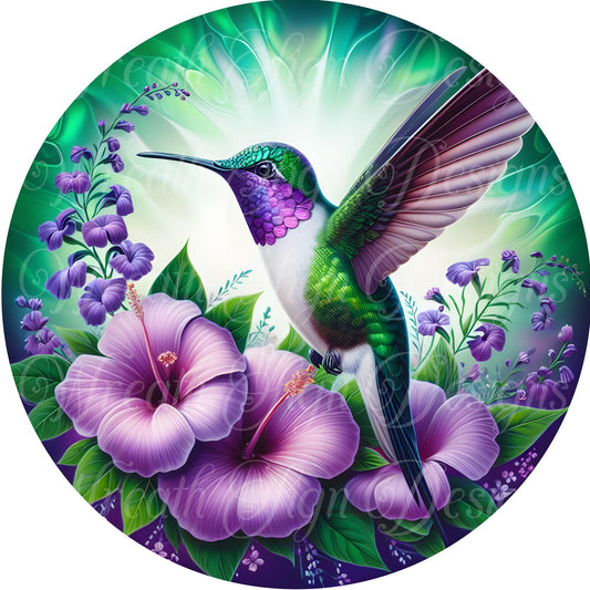 hummingbird floral sign, lavender and green  hummingbirds  round metal sign, wreath sign, wreath center, wreath attachment