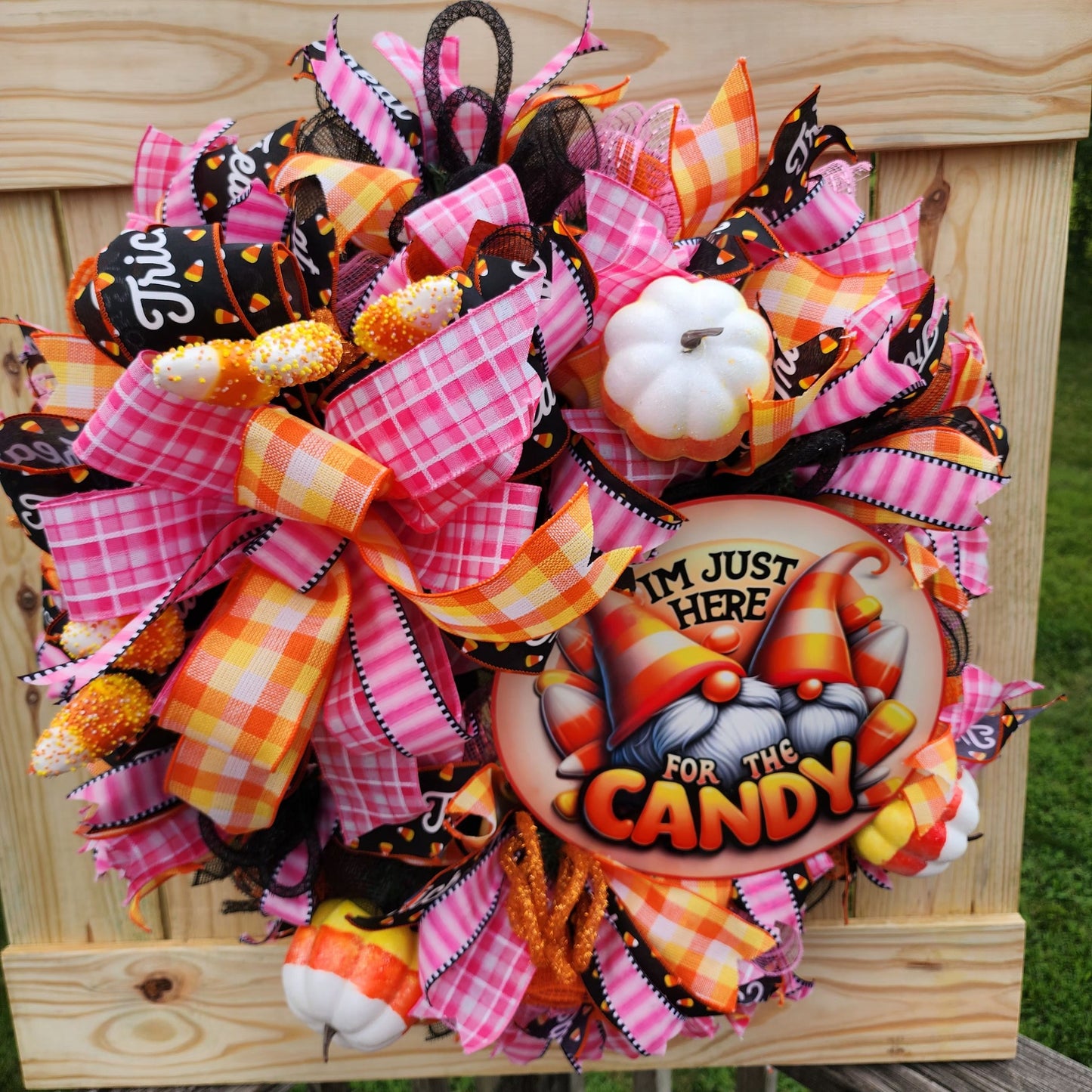 I'm just here for the candy, pink and orange gnome halloween wreath