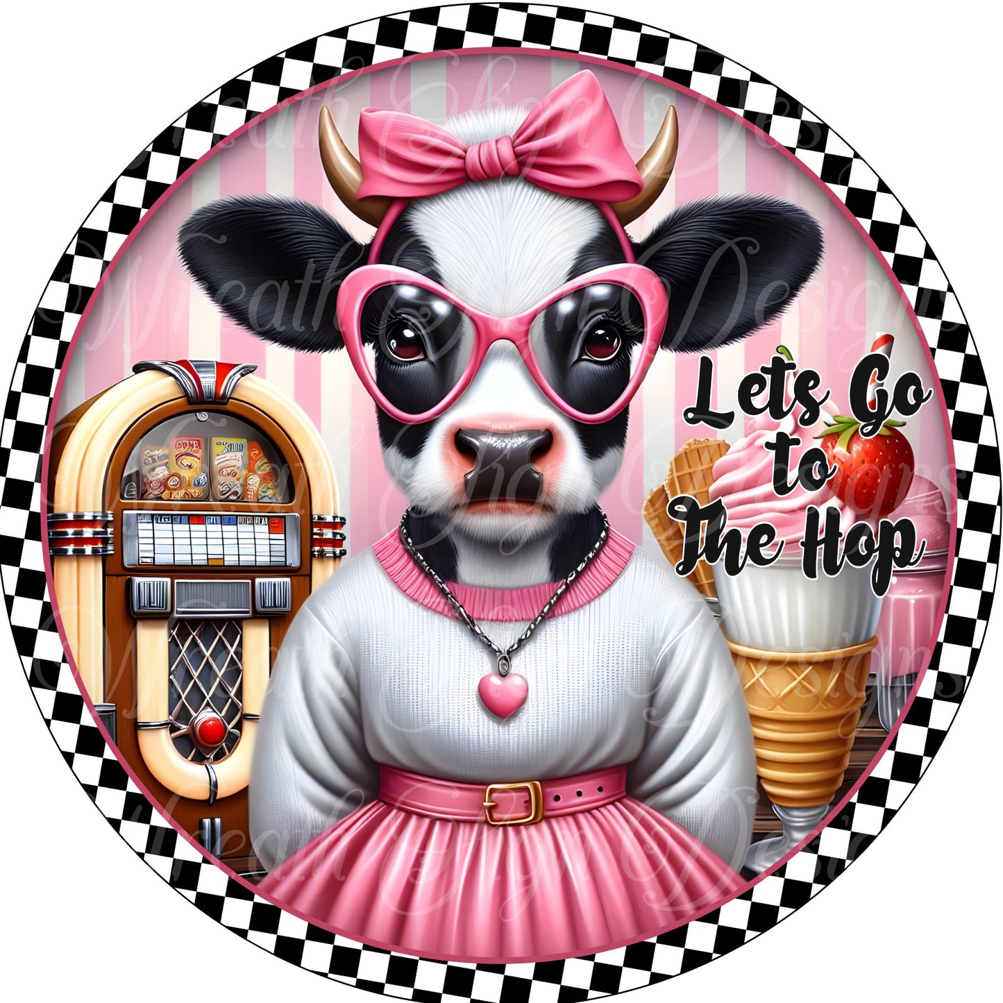 Retro 50s rock and roll cow, sock hop cow, metal sign Round sign, Wreath attachment, Wreath center