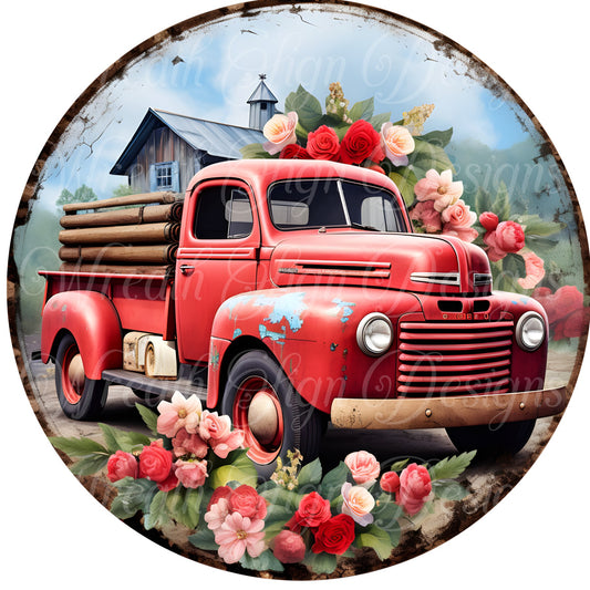 faux rusty old truck flower market sign, round metal wreath sign,  old truck floral door decor, door hanger, wreath supplies