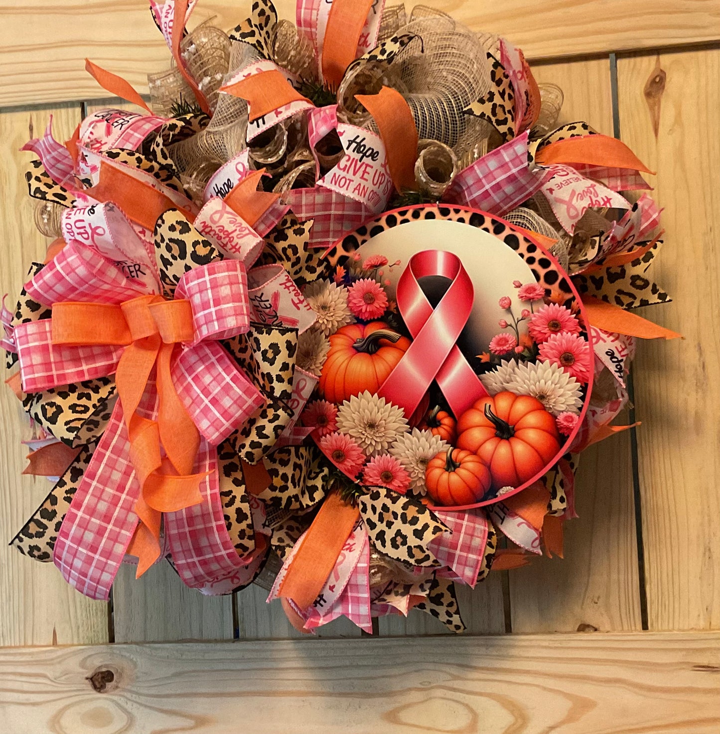 Breast cancer awareness wreath, pink and orange fall wreath, autumn pink ribbon awareness and pumpkin wreath for front door