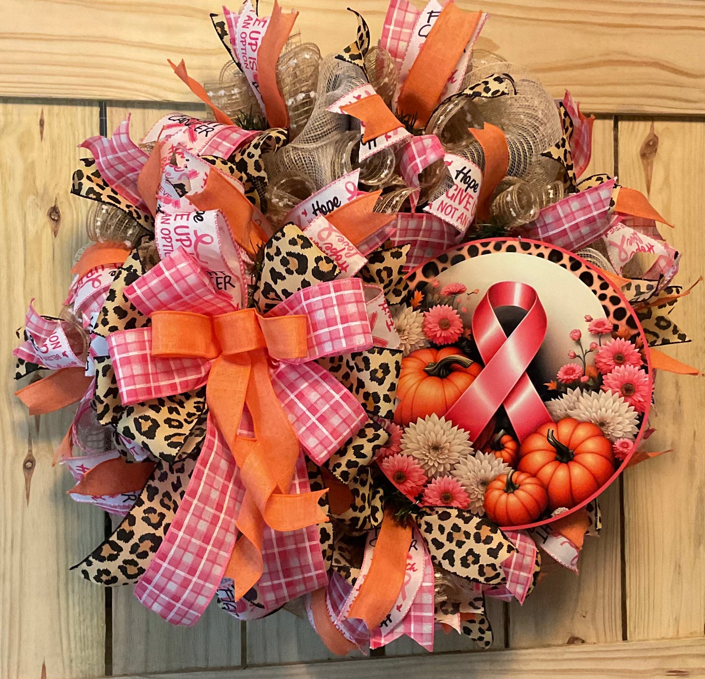 Breast cancer awareness wreath, pink and orange fall wreath, autumn pink ribbon awareness and pumpkin wreath for front door