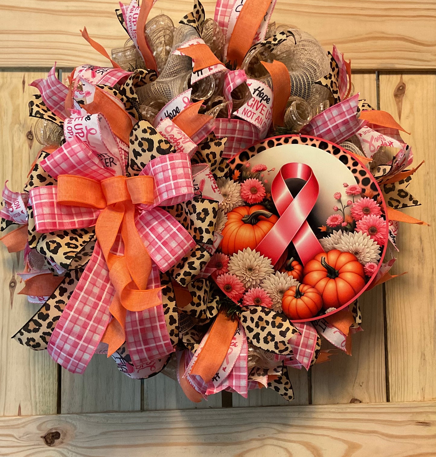 Breast cancer awareness wreath, pink and orange fall wreath, autumn pink ribbon awareness and pumpkin wreath for front door