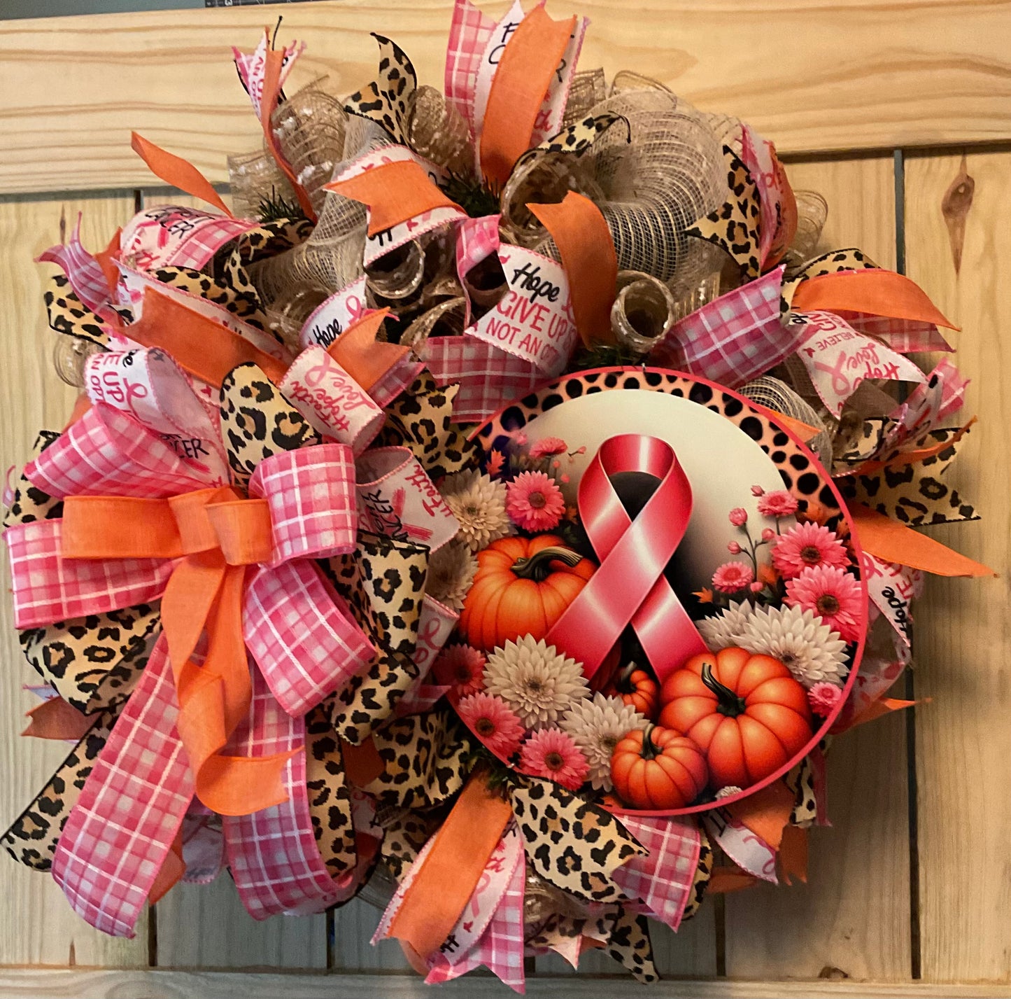 Breast cancer awareness wreath, pink and orange fall wreath, autumn pink ribbon awareness and pumpkin wreath for front door