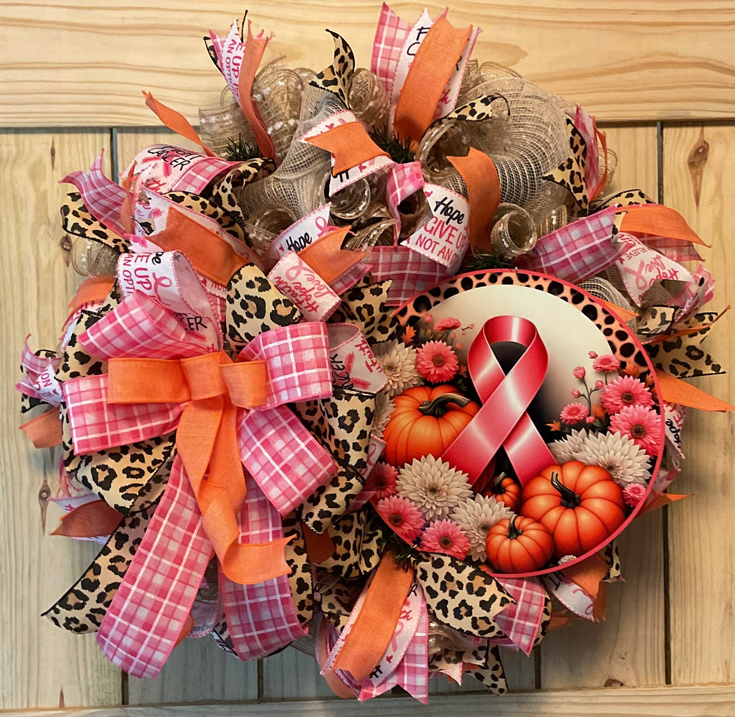 Breast cancer awareness wreath, pink and orange fall wreath, autumn pink ribbon awareness and pumpkin wreath for front door