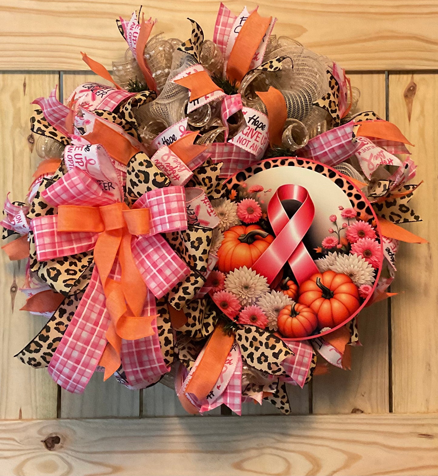 Breast cancer awareness wreath, pink and orange fall wreath, autumn pink ribbon awareness and pumpkin wreath for front door