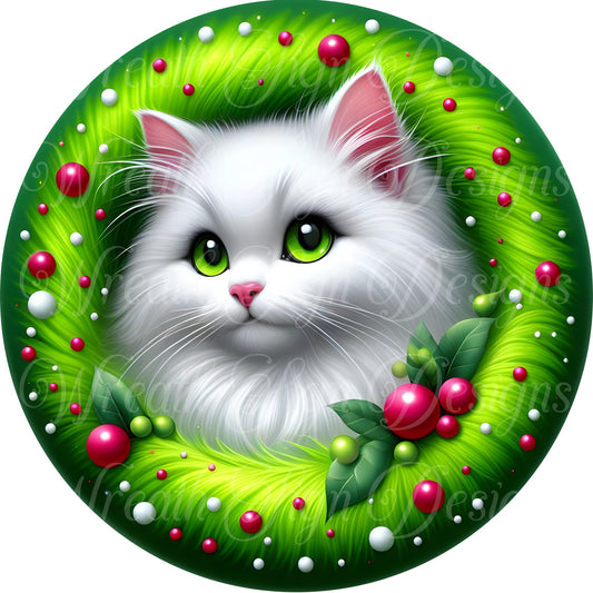 Christmas Cat round metal wreath sign, green monster  theme  Winter sign, wreath center, wreath attachment