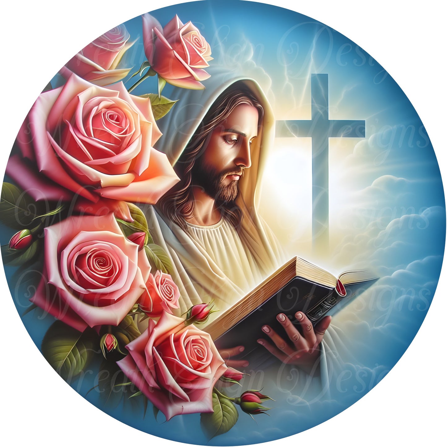 Jesus round metal sign, God reading a bible wreath  sign,  wreath center attachment, Catholic, Religious sign,