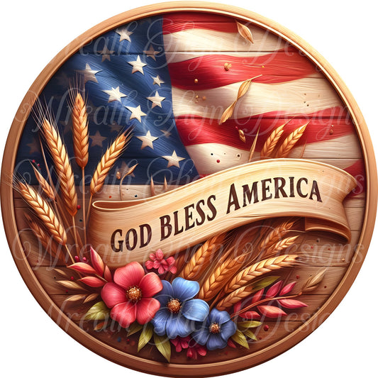 God Bless America faux wood,  patriotic, fourth of July, independence day metal wreath sign, Round sign,  attachment Wreath center,