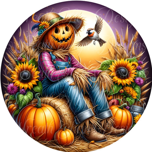 Fall scarecrow center wreath attachment, pumpkin sign, purple fall sign