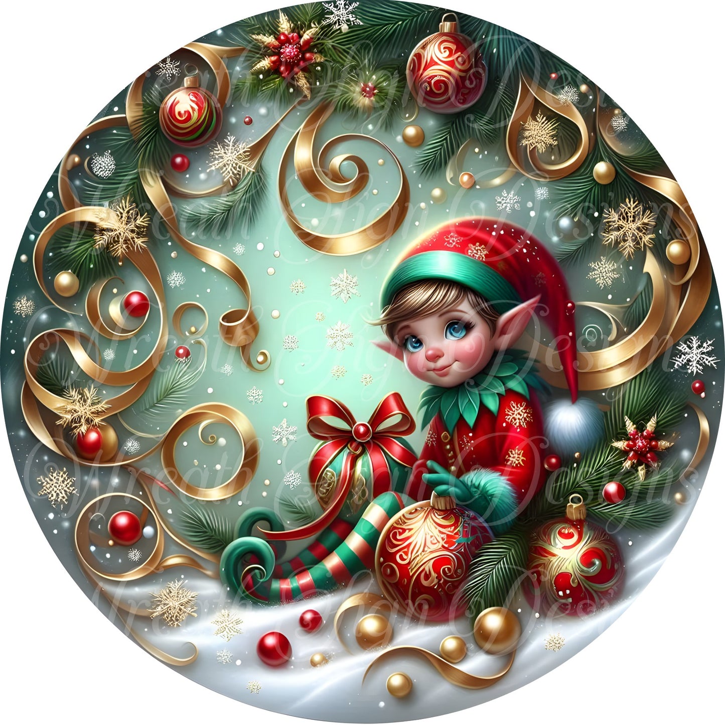 Green and red Christmas elf round metal sign, Santa's elves wreath sign,  Santa wreath attachment, Christmas wreath sign,