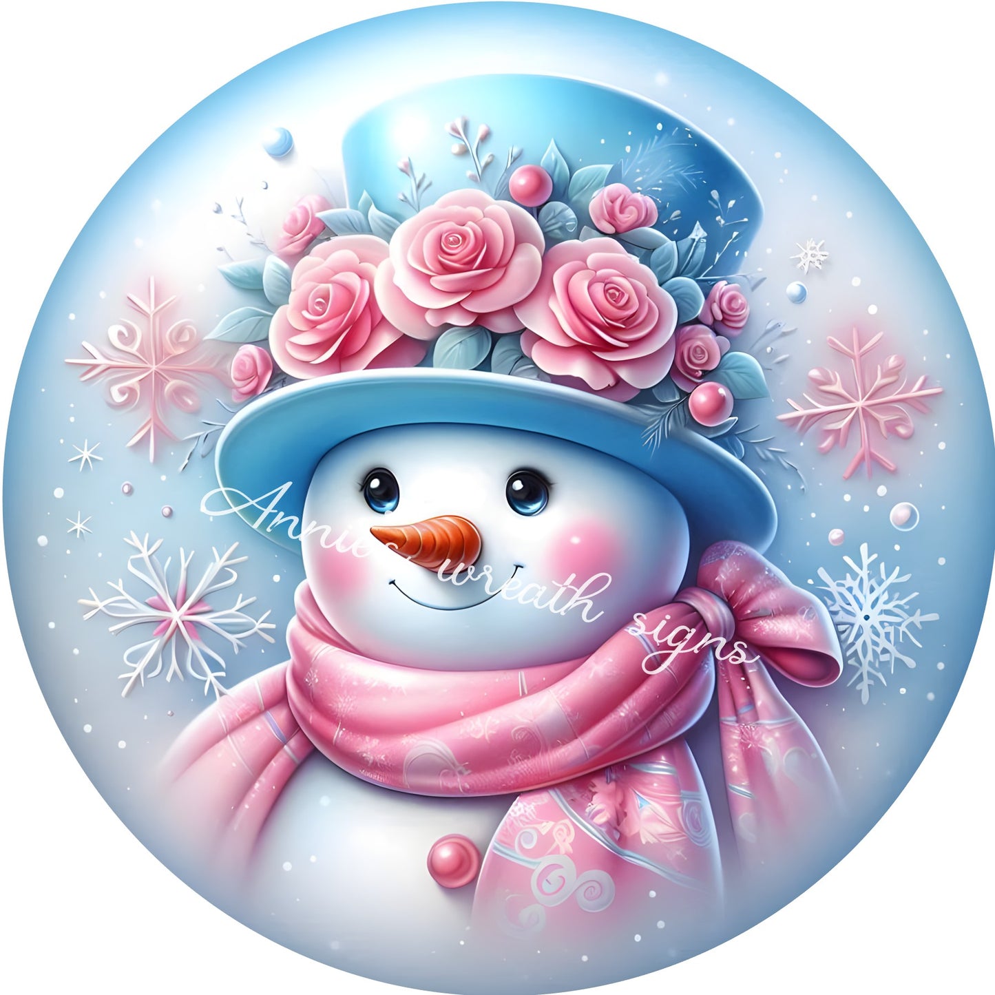 pink and blue Christmas snowman sign, winter sign,  Wreath Sign, Wreath Center, Wreath Attachment, round metal sign