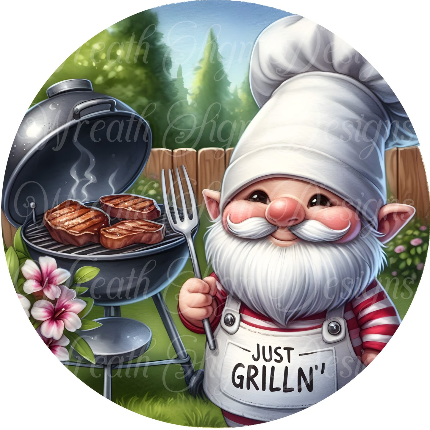 Just Grilln' gnome round metal sign, father's day Gnome sign, camping metal wreath sign, attachment Wreath center