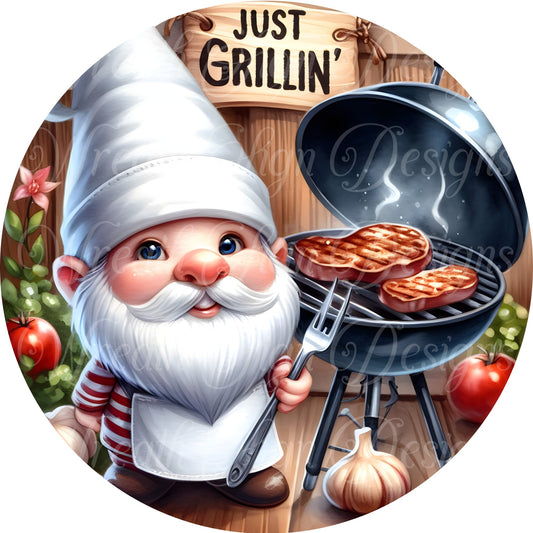 Just Grilln' gnome round metal sign, father's day Gnome sign, camping metal wreath sign, attachment Wreath center (Copy)