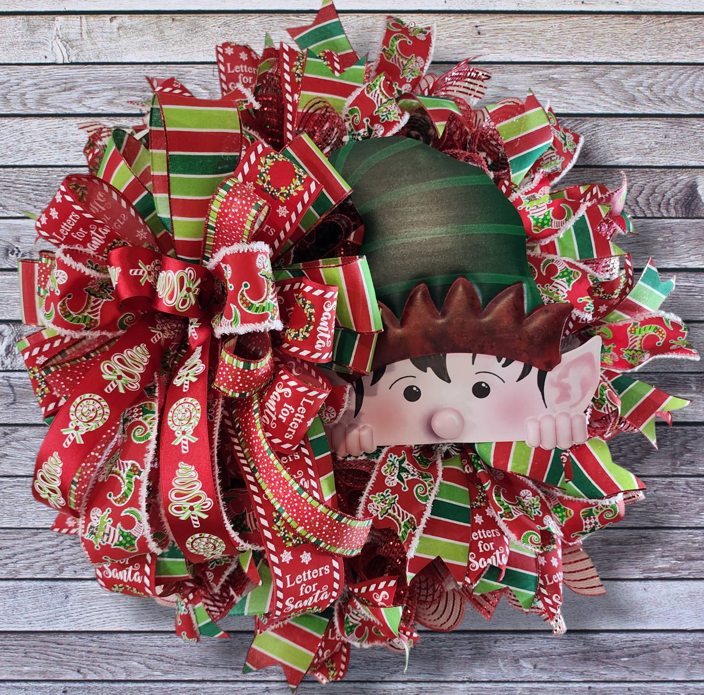 Whimsical Christmas elf mesh and ribbon wreath, holiday front door wreath, Christmas decor