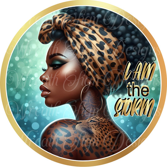I am the storm, Diva wreath sign, Cheetah print and Gold african American Diva, Melanin woman wreath sign, Wreath center, attachment