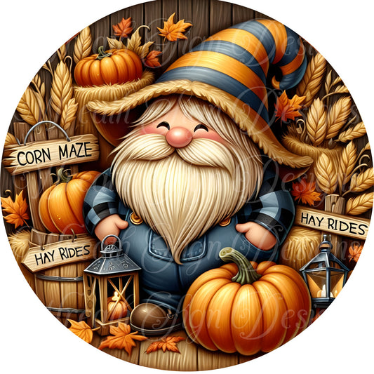 round metal sublimated wreath sign, Fall Gnome center wreath attachment, autumn leaves pumplins and lanterns
