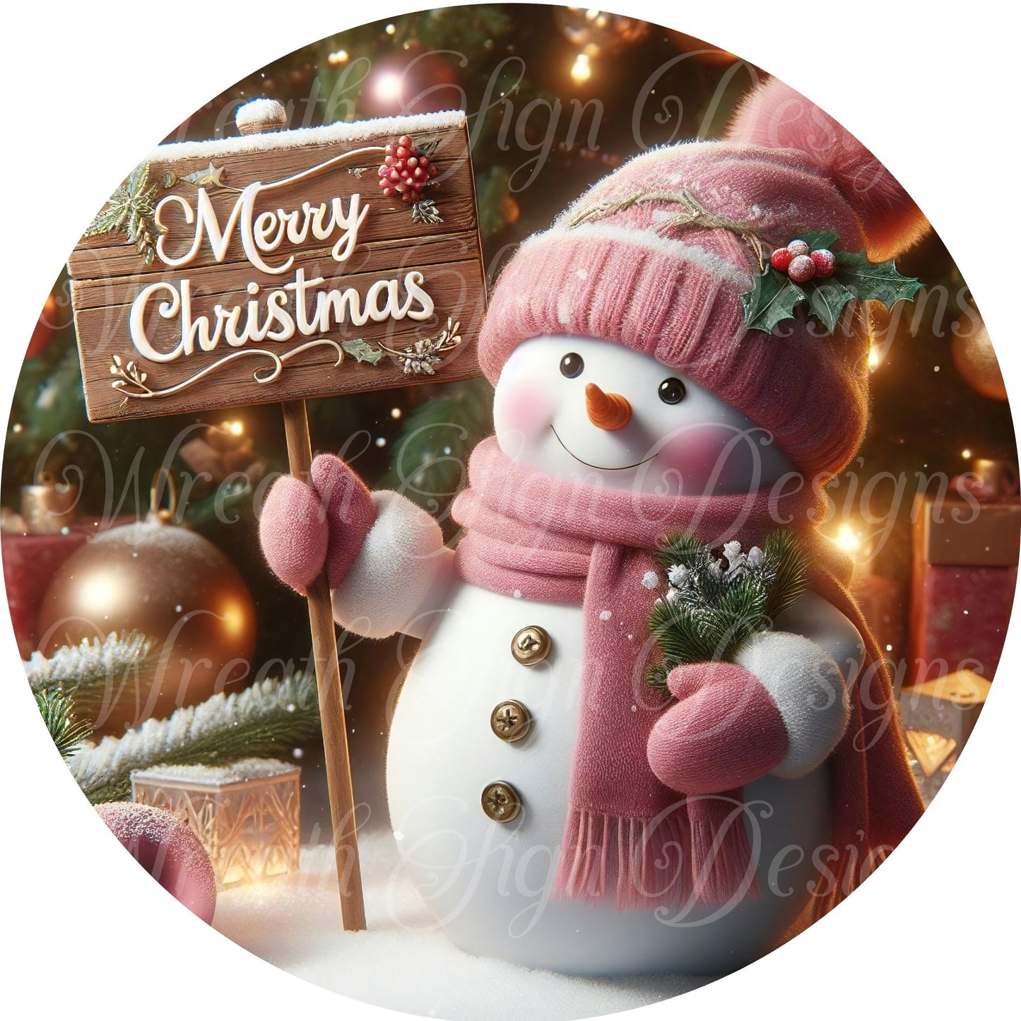 Pink Christmas snowman sign winter sign, Pink Christmas, Wreath Sign, Wreath Center, Wreath Attachment,  round metal sign