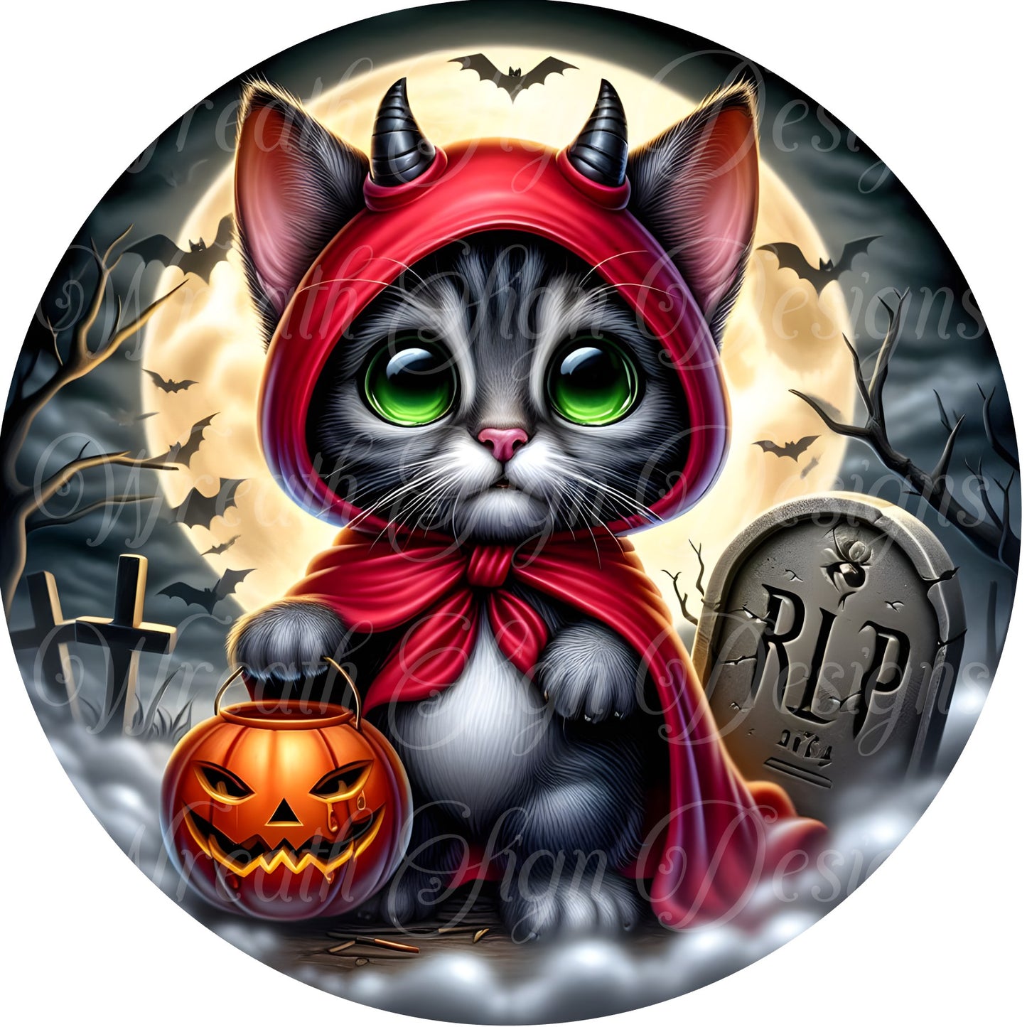Devil witch cat round metal sign, Halloween cat wreath sign, black and purple wreath center, wreath attachment
