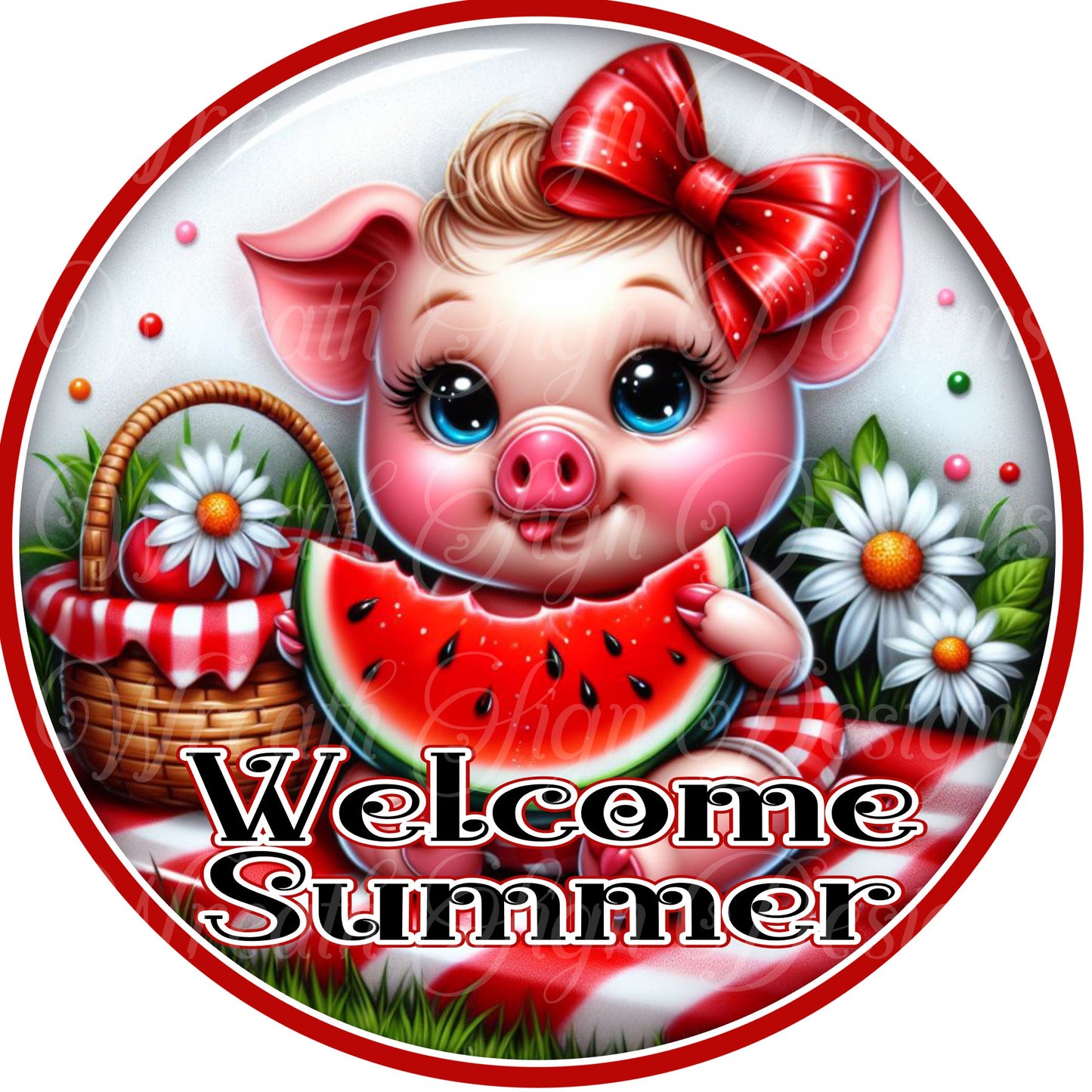 Welcome Summertime, Pig eating watermelon sign, Summertime piggy wreath sign, Wreath center, Pig decor, Summer decor, Watermelon decor