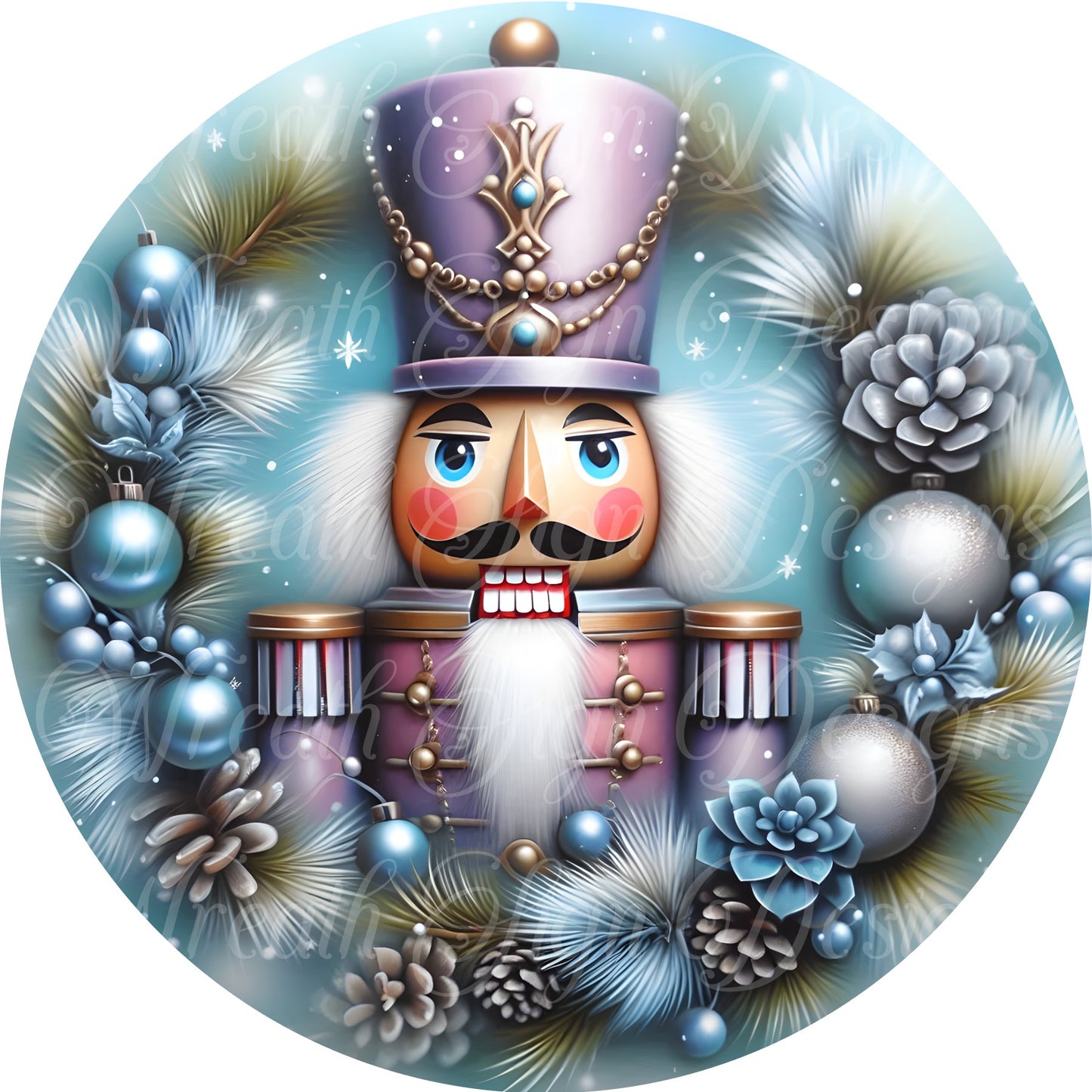 lavender nutcracker round metal wreath sign, toy soldier sign, wooden toy soldier wreath center, wreath attachment, plaque