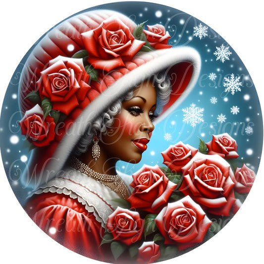 Merry Christmas, African American, Black, Melanin, Mrs. Claus, Santa, Holiday Sign round metal wreath sign, Wreath plaque