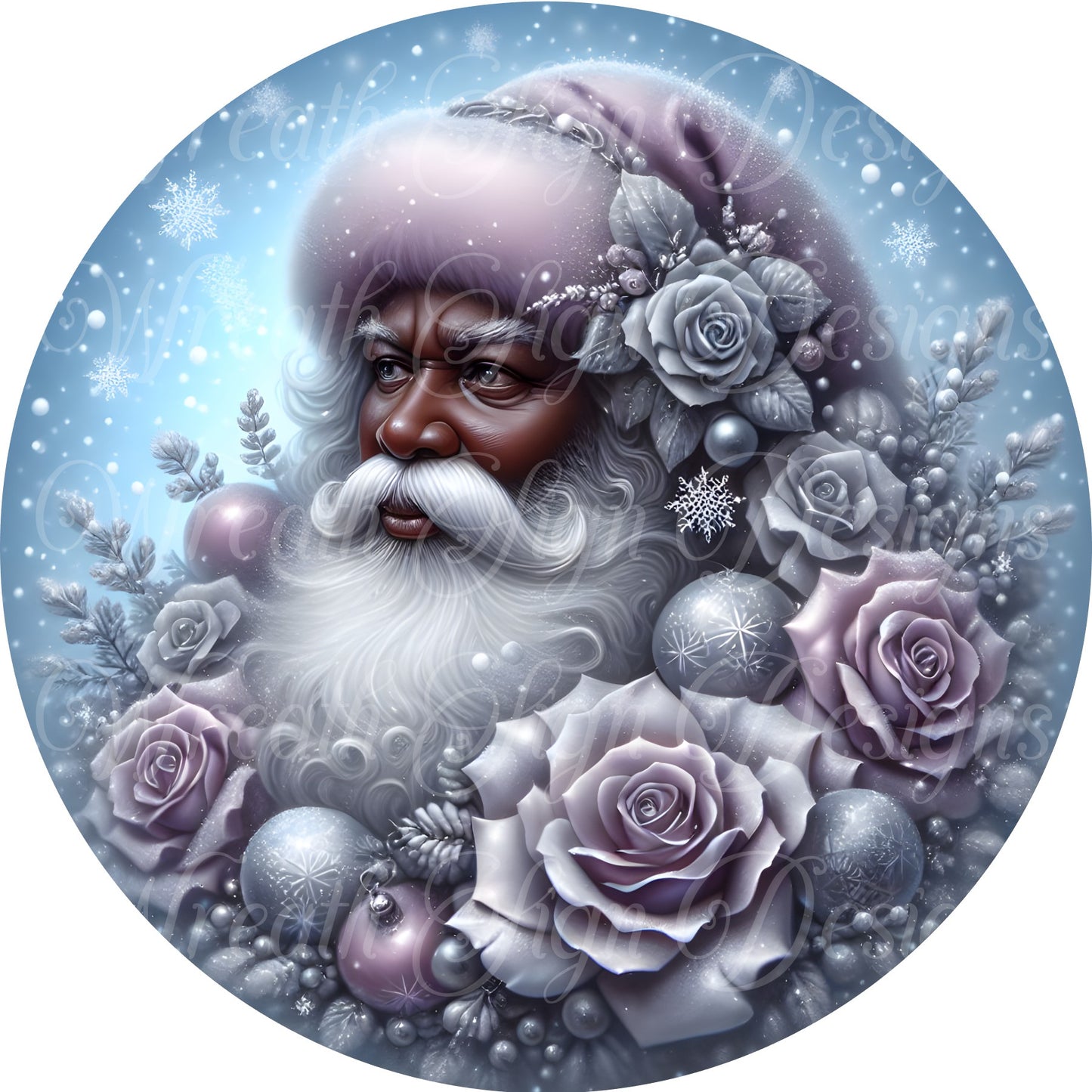 round metal sublimation wreath sign, black Santa Claus, Melanin santa, Purple Christmas sign, center, attachment