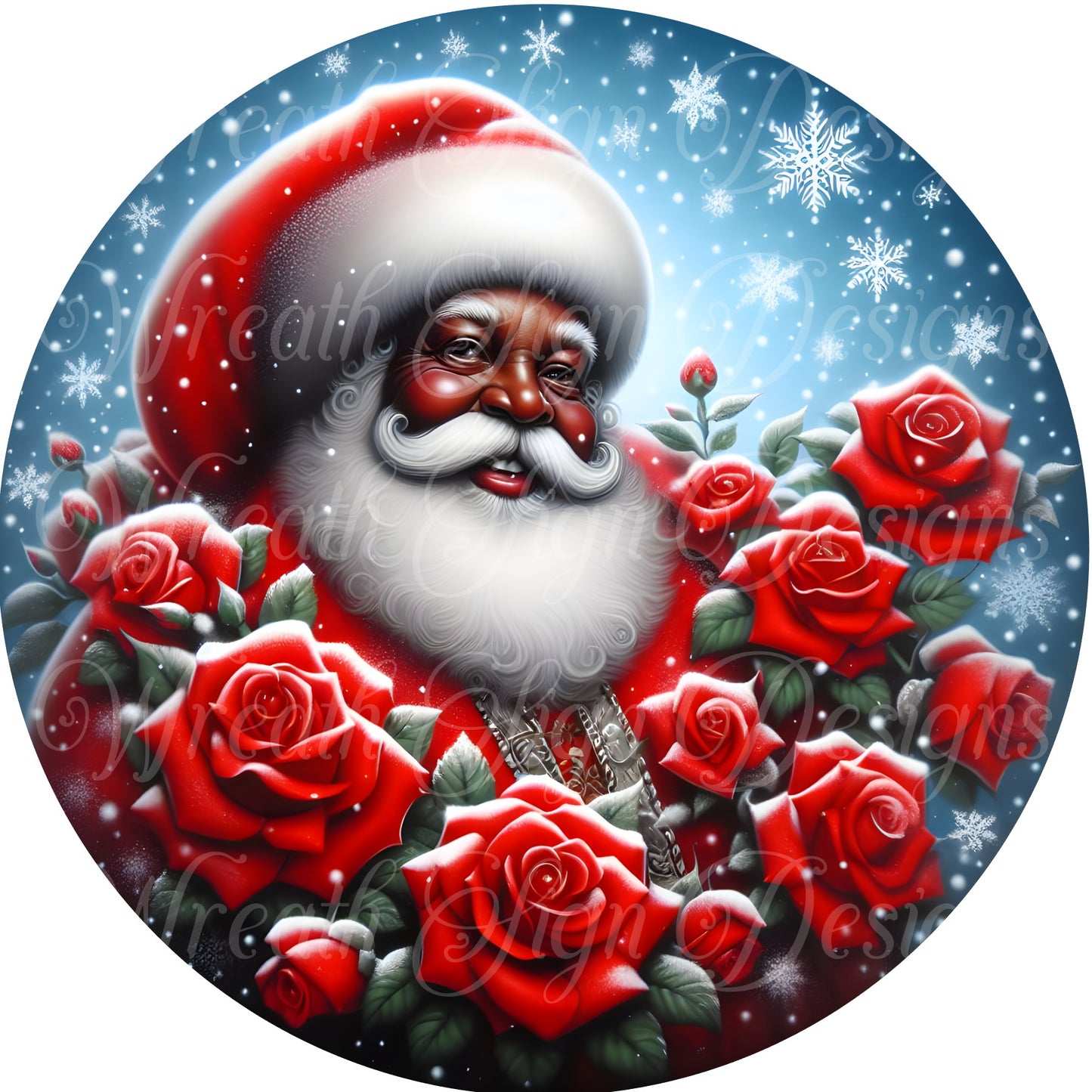 round metal sublimation wreath sign, african american Santa Claus, Kris Kringle St. Nick Round metal sign for Christmas sign, center, attachment