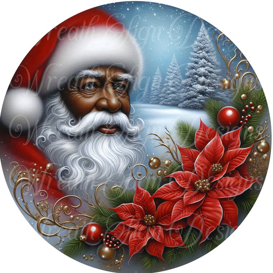 round metal sublimation wreath sign, black Santa Claus, Melanin Santa, light blue Christmas sign, center, attachment